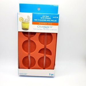 Celebrate It Summer Silicone Lemon Slice Wedge Shaped Ice Cube Tray with Straws